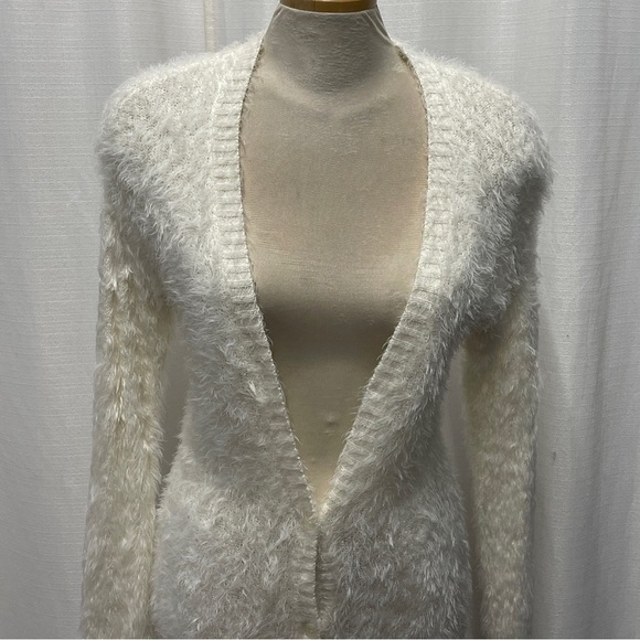 American Eagle Light Ivory Cream Soft Fuzzy Cardigan Long Sweater Pockets - Picture 12 of 12